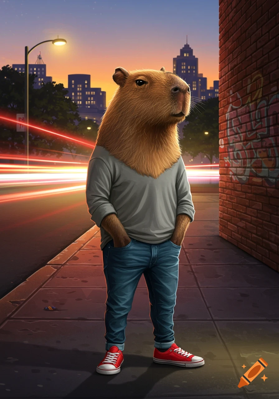 An anthropomorphic capybara in a grey shirt, jeans, and red sneakers stands on a city sidewalk at dusk with light trails.