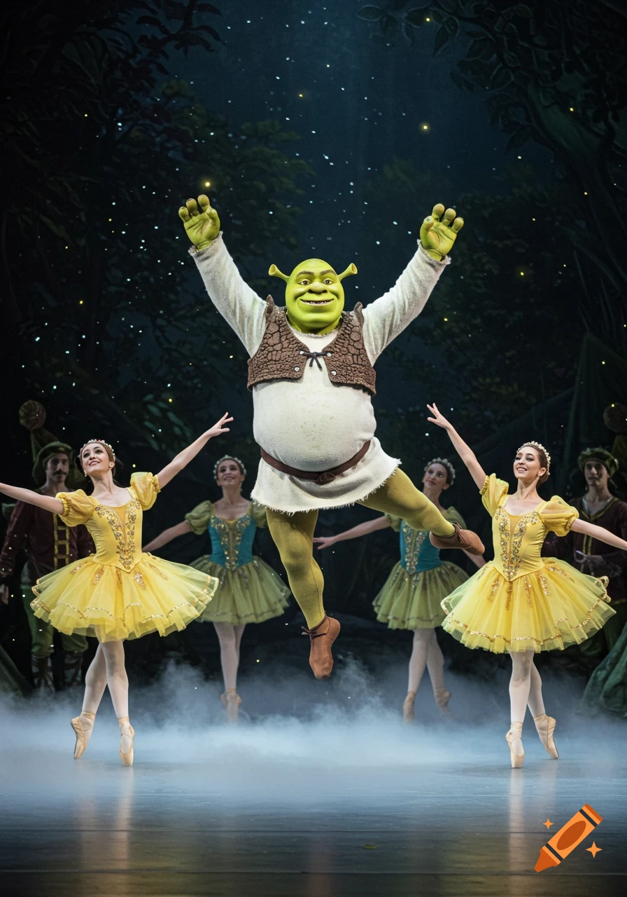 Shrek in costume jumps on stage during a ballet performance, surrounded by female dancers in yellow tutus amidst a starry forest backdrop.