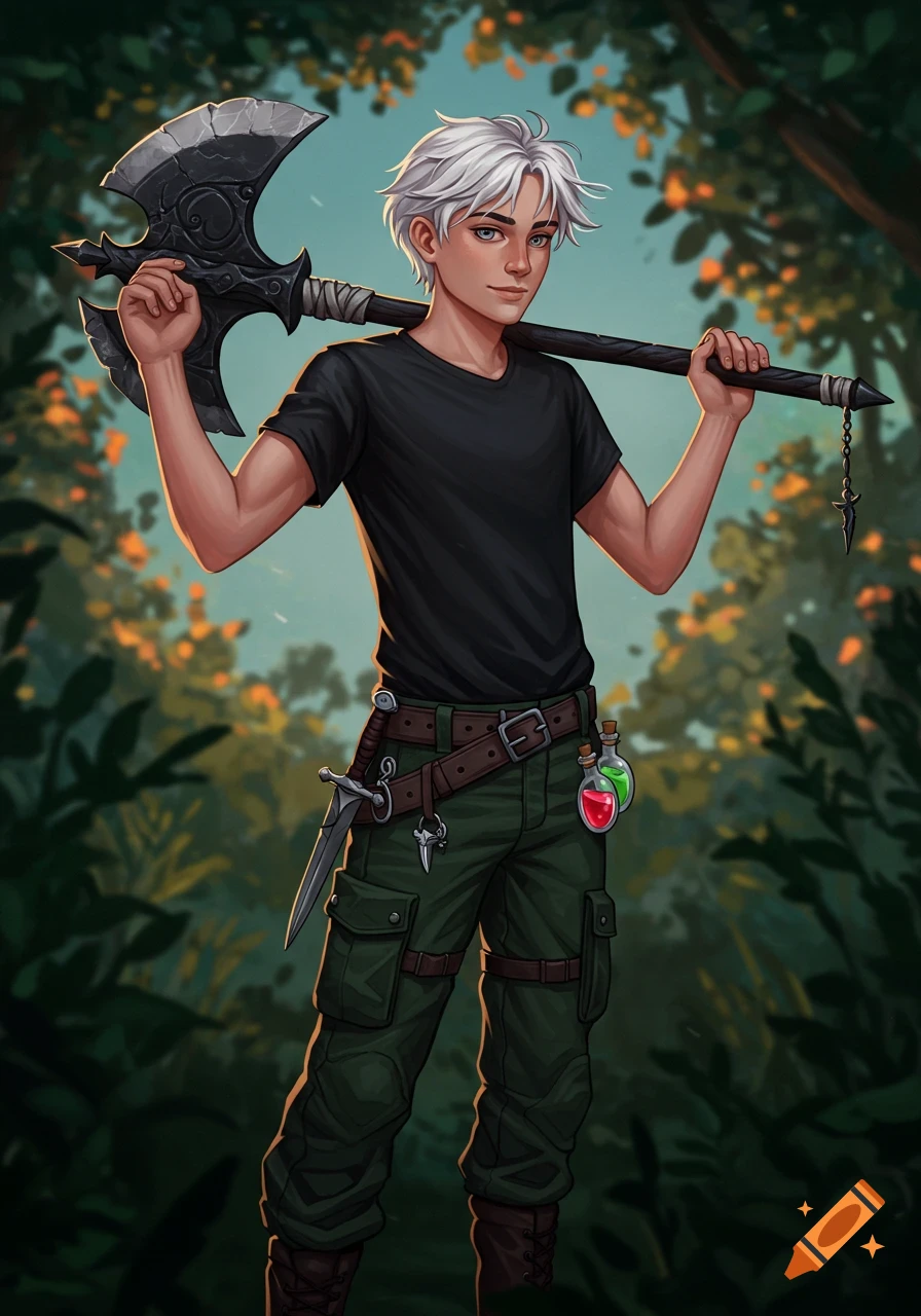 Digital art of a white-haired teenage boy with a battle axe, dagger, and potions, standing in a forest.