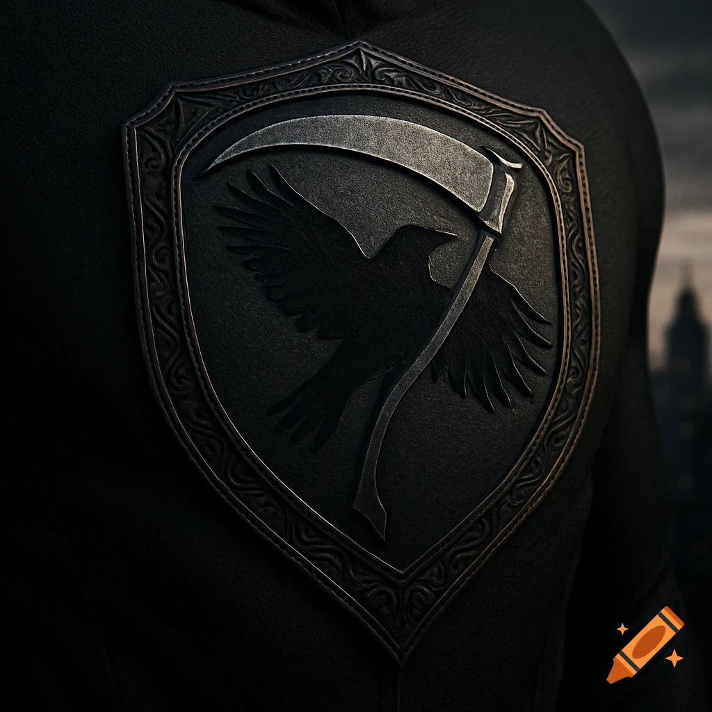 A dark, gritty superhero emblem featuring a raven and scythe on a metallic shield, worn on a black suit, with a blurred city in the background.