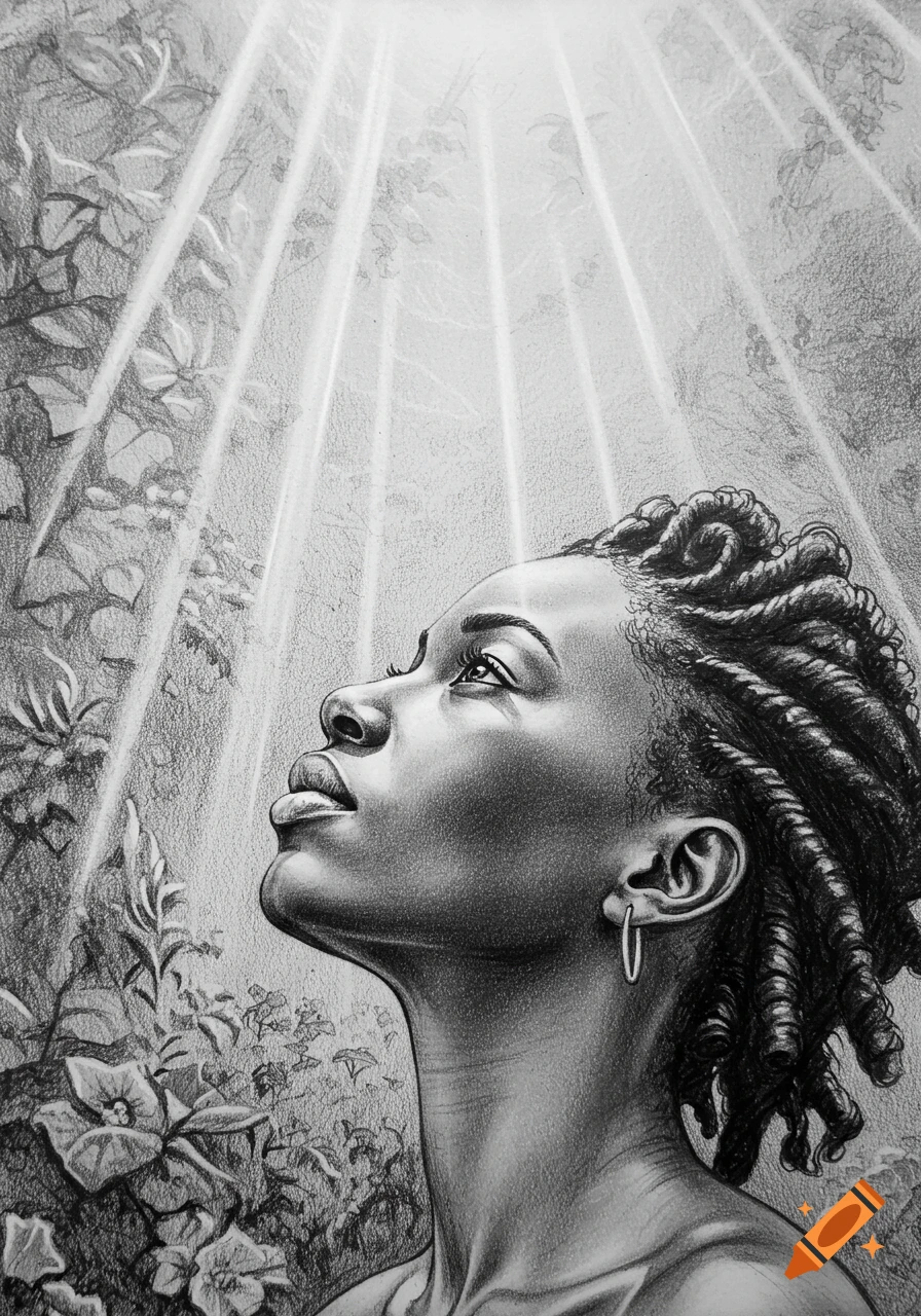 A detailed pencil drawing of an adult black woman with dreadlocks looking up at bright rays of light shining through foliage.