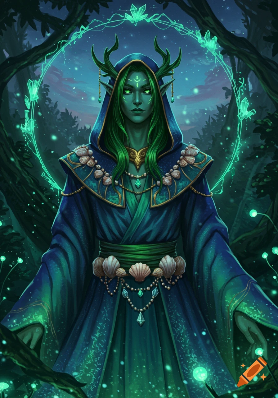 A green-skinned sorcerer with antlers and glowing green eyes wears a blue-green robe adorned with shells and crystals in a magical forest.