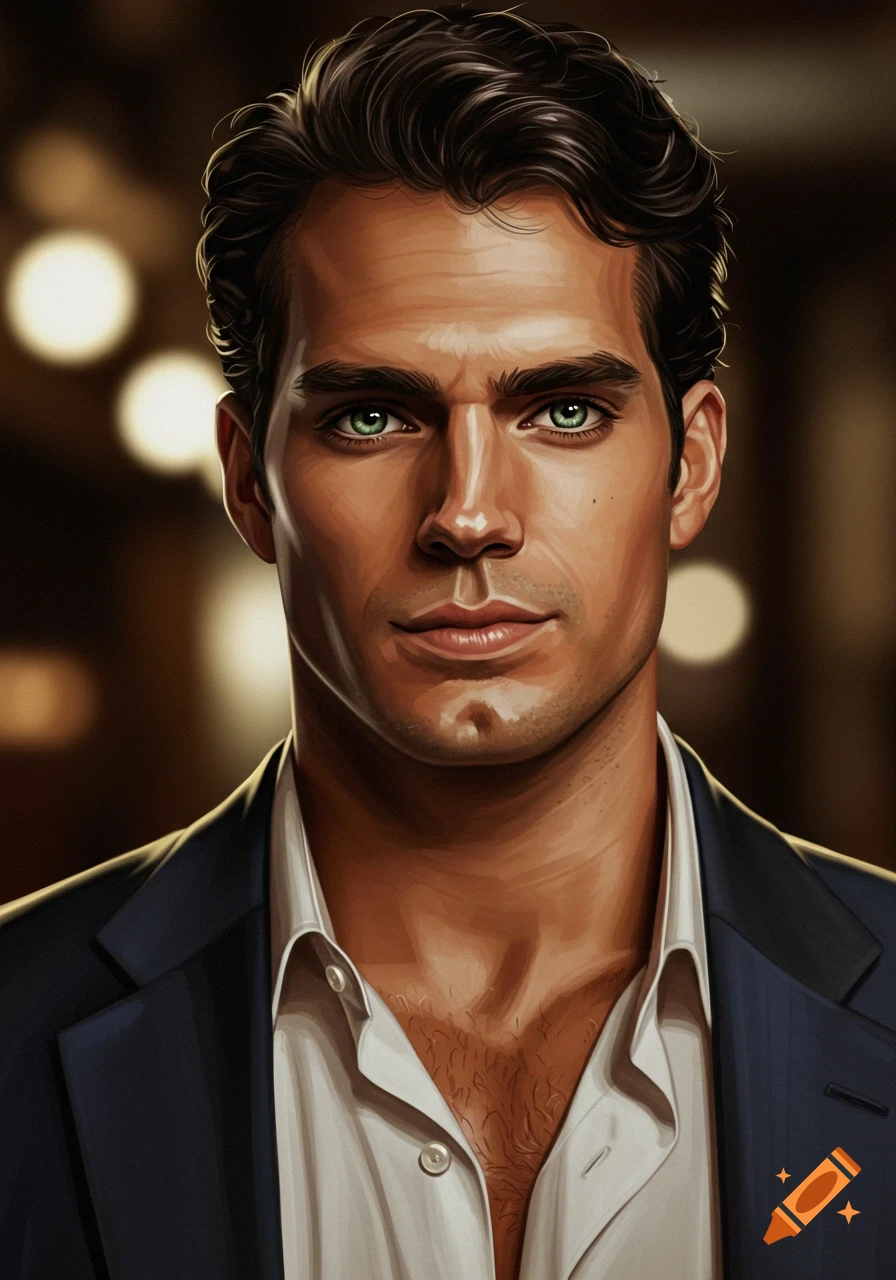 Digital painting of a handsome man with green eyes and dark wavy hair, wearing a white shirt and dark blazer.