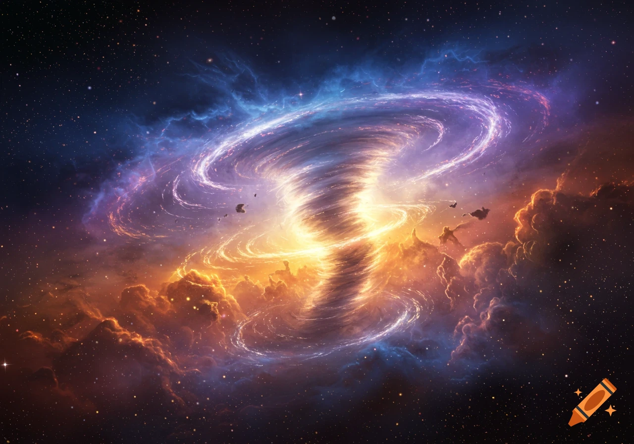 A vibrant cosmic tornado swirling amidst orange, blue, and purple nebulae and stars.