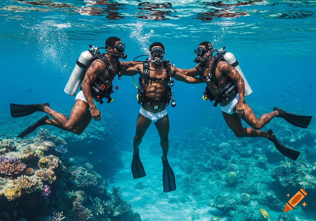 Three muscular African American men scuba diving in white speedo briefs and black flippers over a vibrant coral reef in clear blue water.