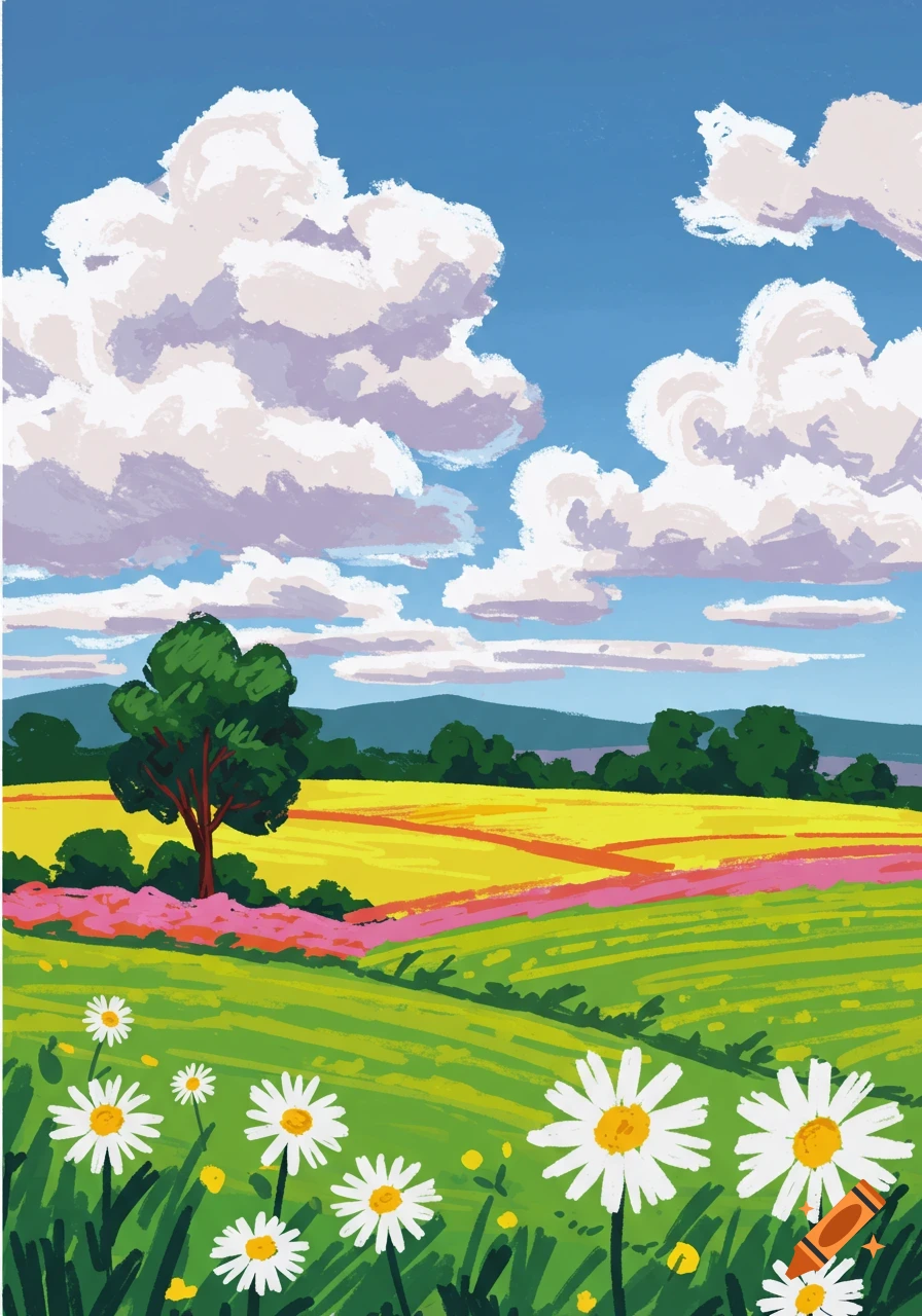Vibrant, stylized marker drawing of a summer landscape with green and yellow fields, a tree, white daisies, and a blue sky with fluffy clouds.