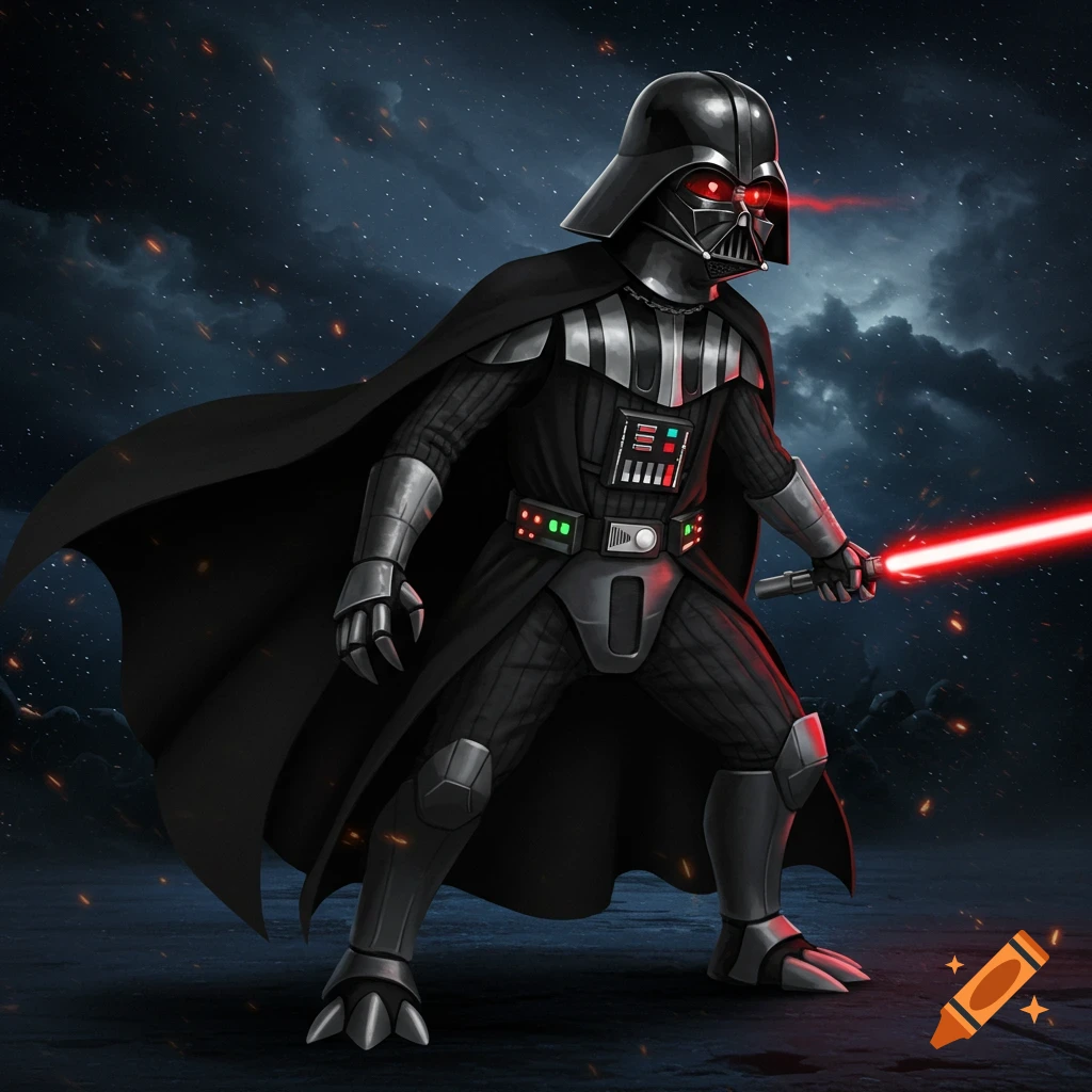 A stylized Darth Vader-like creature with glowing red eyes and a red lightsaber, standing in a dark, stormy setting.