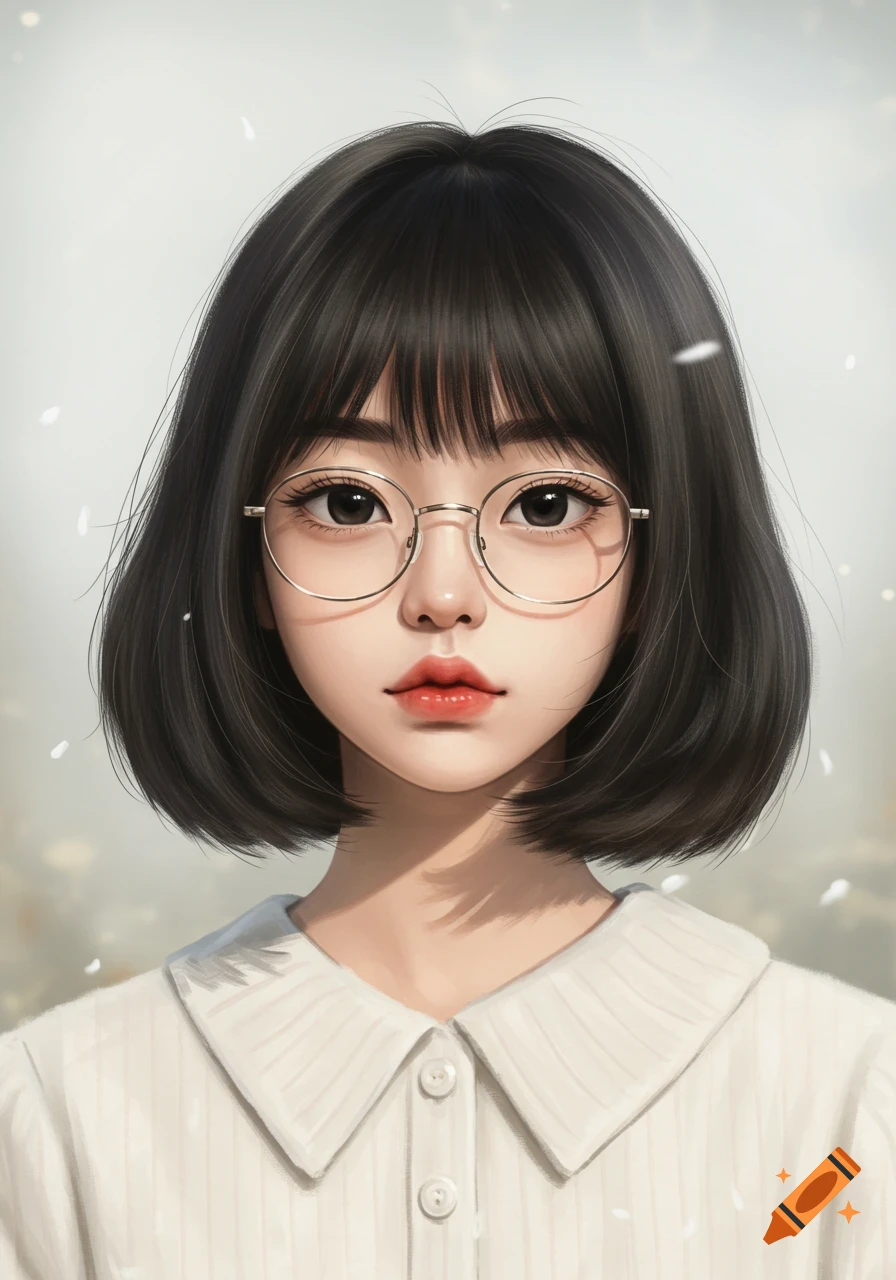 A young woman with short black hair and round glasses, wearing a white collared shirt, against a soft, light background.