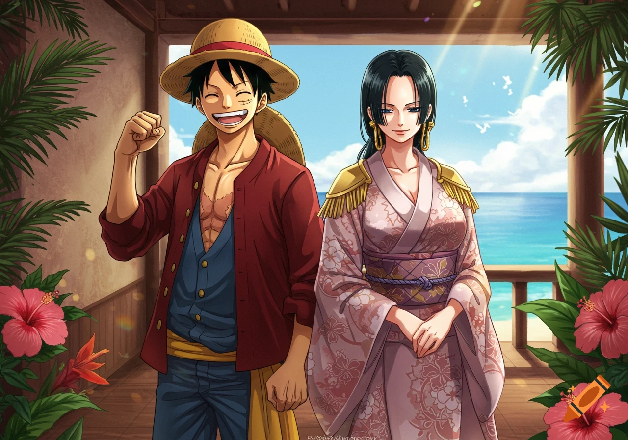 Anime characters Monkey D. Luffy and Boa Hancock stand on a veranda overlooking a sunny tropical beach.