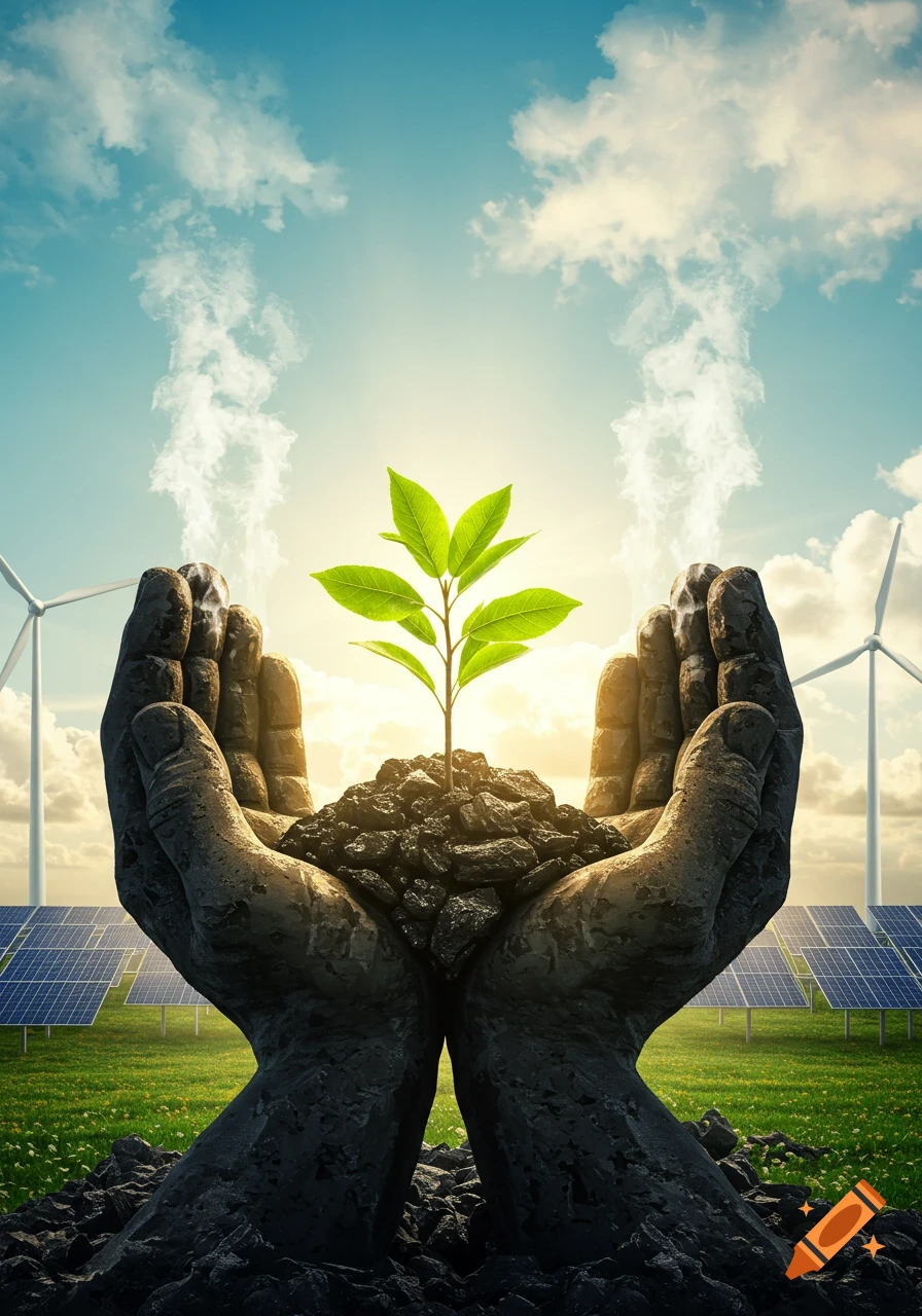 Textured, rock-like hands cradle a green seedling sprouting from soil, with wind turbines and solar panels under a bright, cloudy sky with smoke.