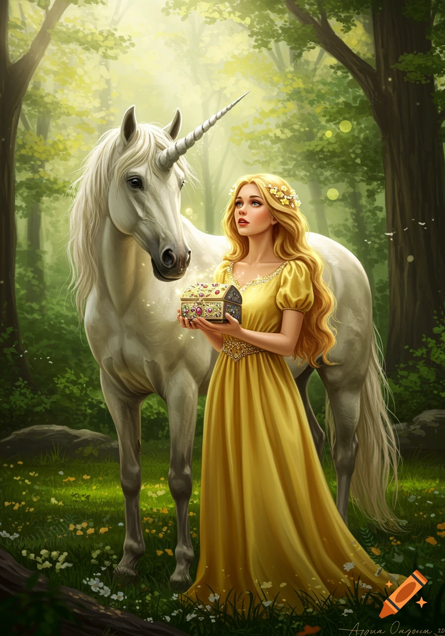 A blonde woman in a yellow dress holds an ornate jewelry box, standing next to a white unicorn in a mystical forest. Digital art style.