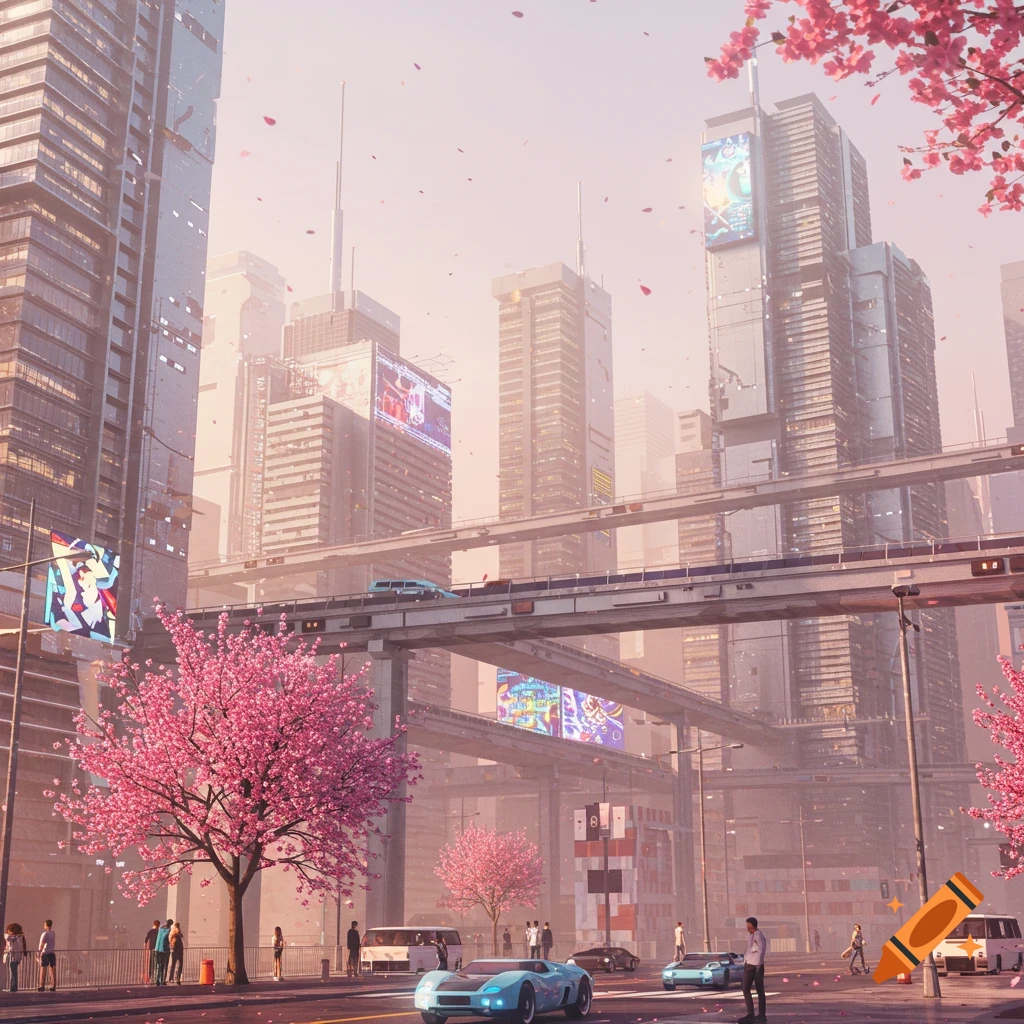A vibrant futuristic city with towering skyscrapers, elevated highways, pink cherry blossom trees, and falling petals under a soft pink sky.