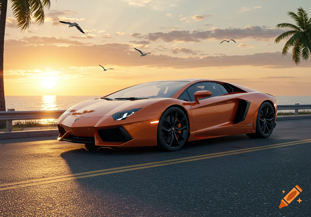 A photorealistic image of an orange Lamborghini Aventador parked on a road beside the ocean at sunset, with palm trees and birds.