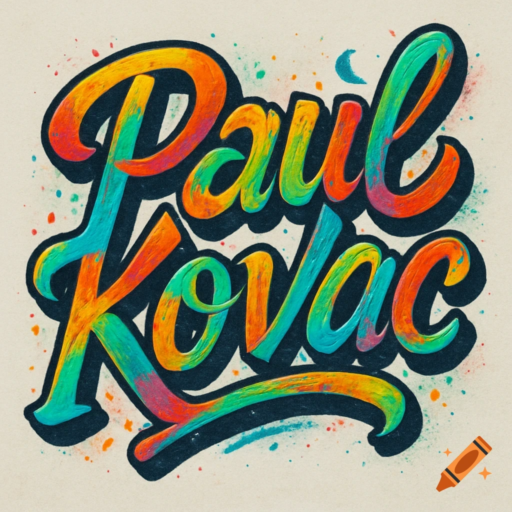 Colorful stylized text 'Paul Kovac' with a painterly effect and splatter details.