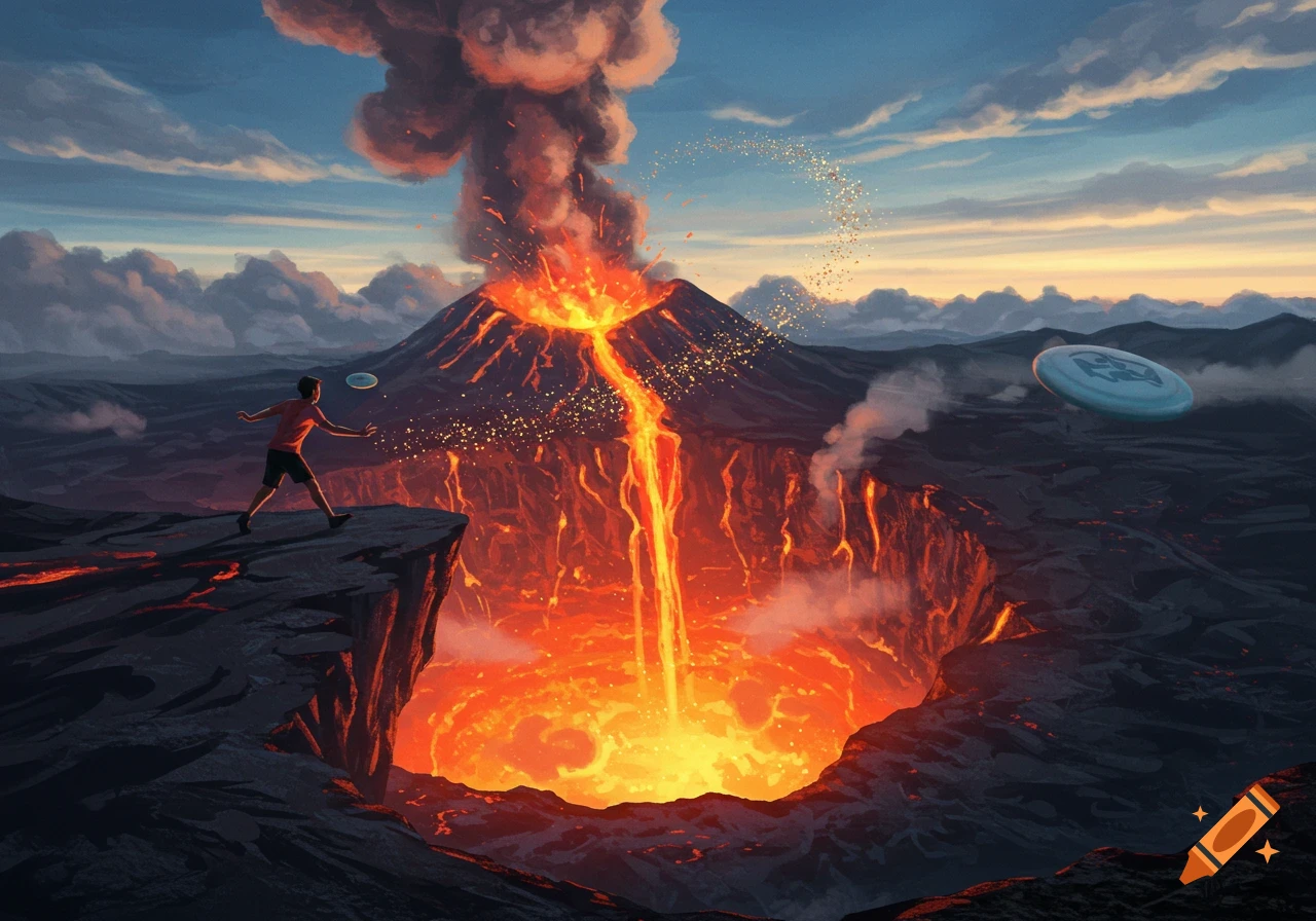 A person stands on a cliff edge, throwing a disc golf frisbee over a dramatically erupting volcano with flowing lava. Another frisbee flies in the sky.