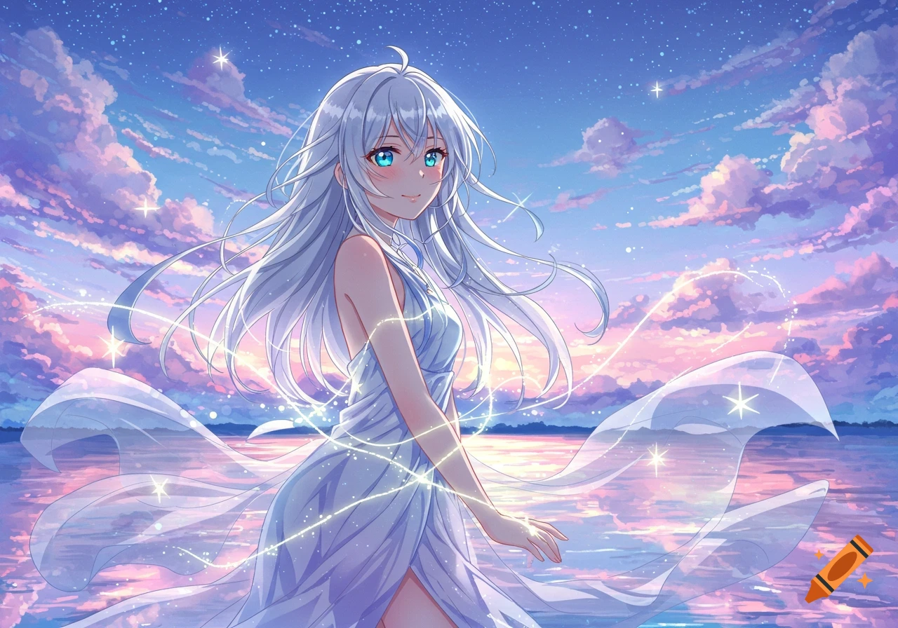 Anime girl with white hair and a flowing white dress stands in water under a pink and blue sky with stars.