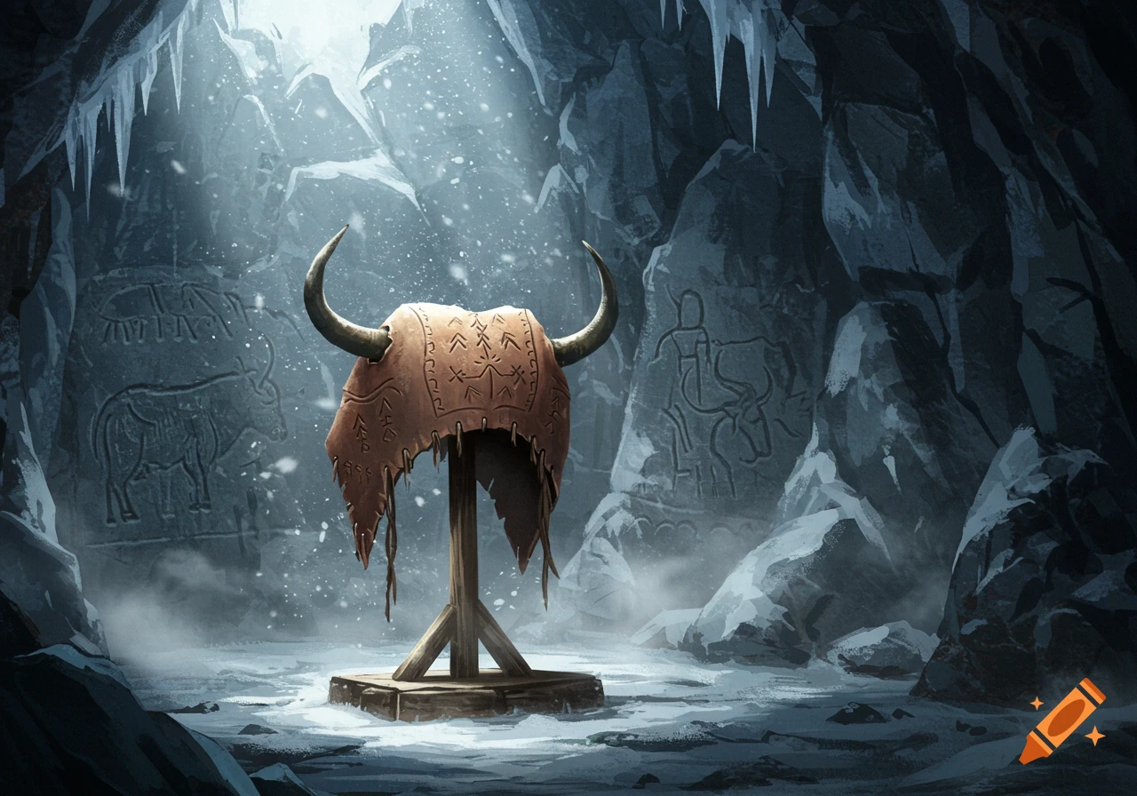 A horned leather cowl on a wooden stand in a snowy, icy cave with ancient cave paintings, digital art.