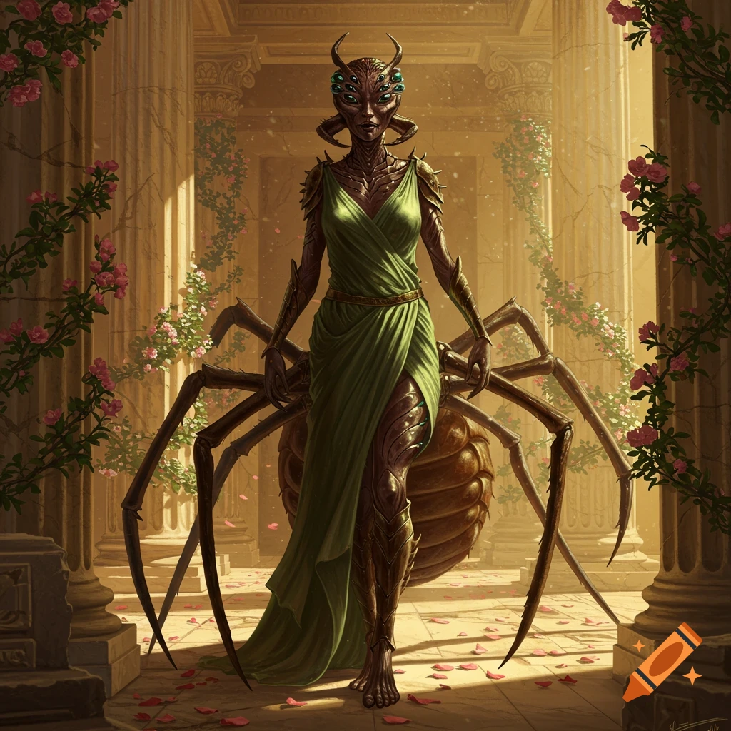 A dark-skinned humanoid spider-woman in a green dress stands in an ancient Greek ruin with columns and rose vines, in a fantasy art style.