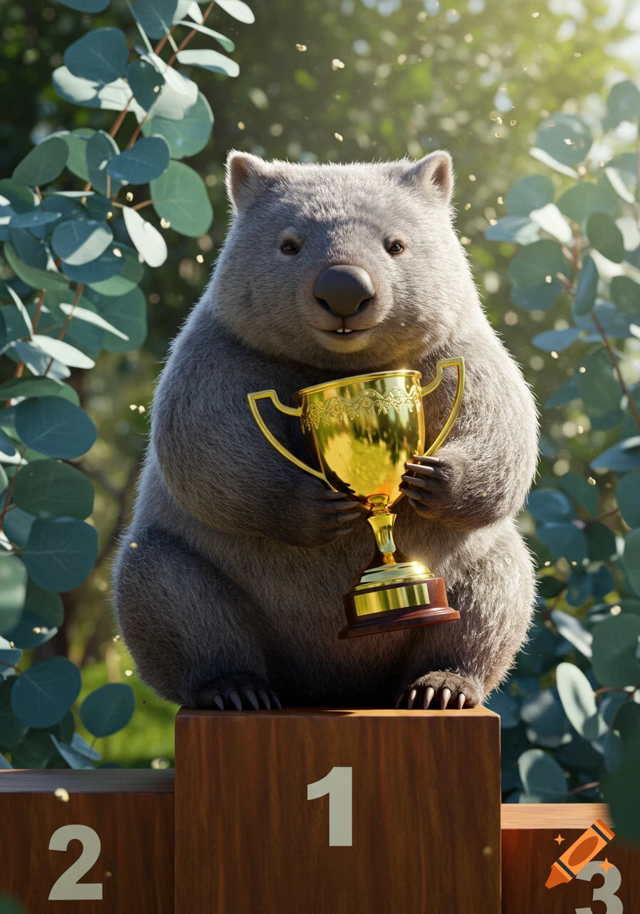 A photorealistic wombat stands on a first-place podium, happily holding a golden trophy amidst green foliage.