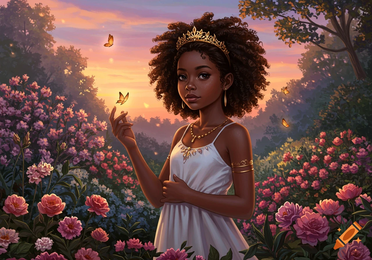 A young black girl with a tiara and a white dress stands in a vibrant flower garden at sunset, looking at a butterfly on her finger, digital art.