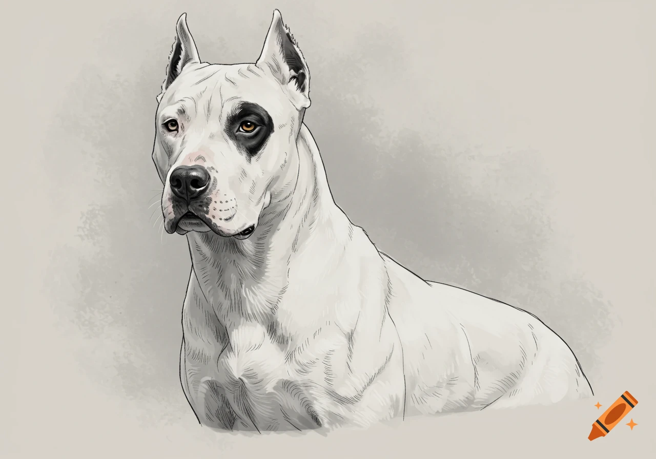 A simple sketch drawing of a white Dogo Argentino dog with a black patch around its left eye.