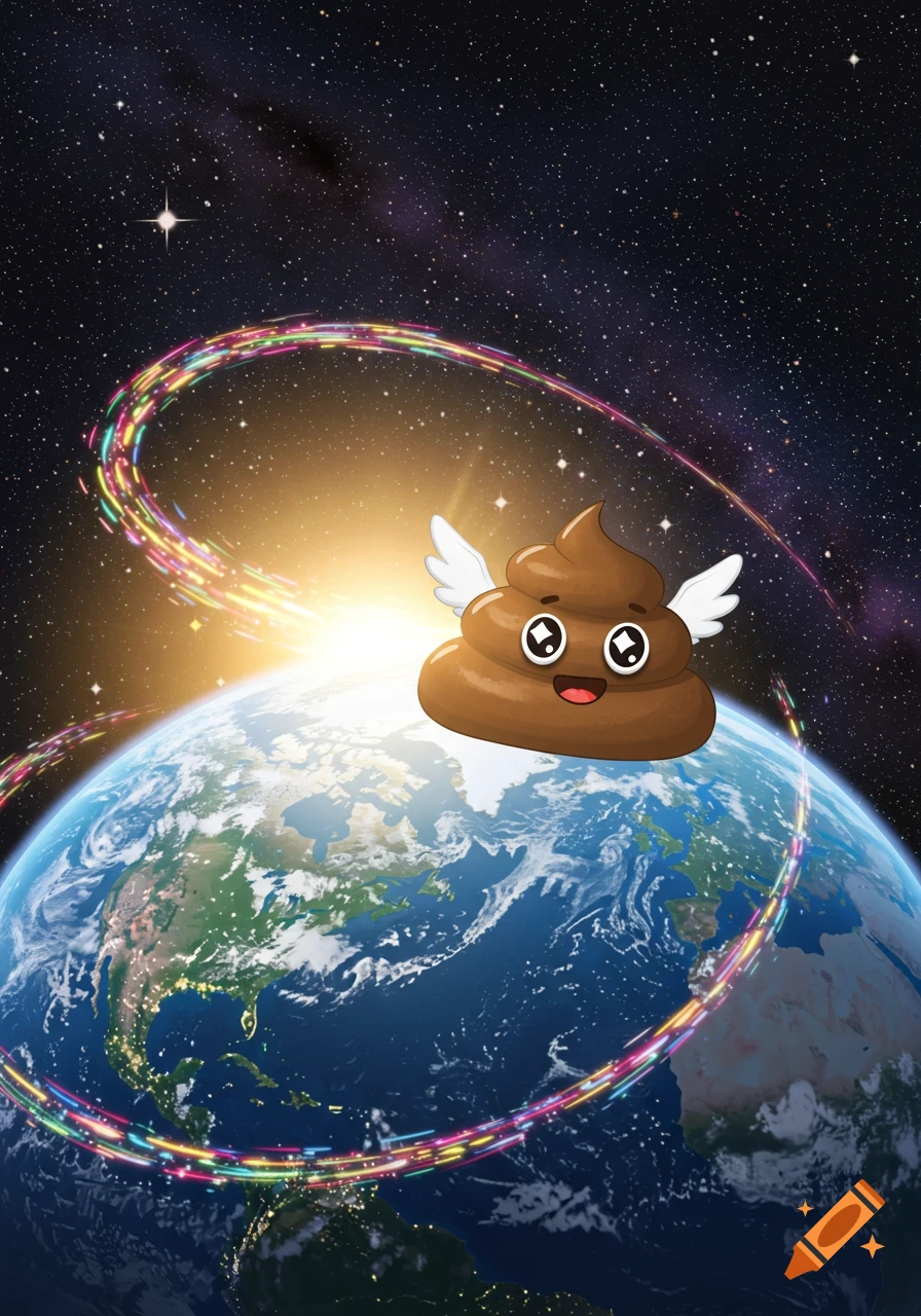 Cute cartoon poop emoji with wings flying around Earth in space with a rainbow trail and a bright sun.