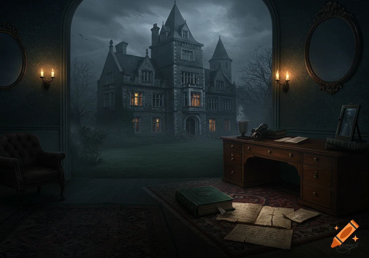 A dark, atmospheric scene of a Victorian study looking out through an arched window at a large, eerie gothic mansion in the fog under a stormy sky. Candles light the study, where old journals and papers are on the floor by a desk.