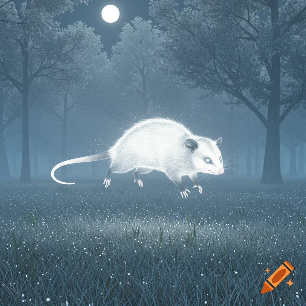 A glowing white possum floats through a misty, moonlit forest with small white flowers on the ground.