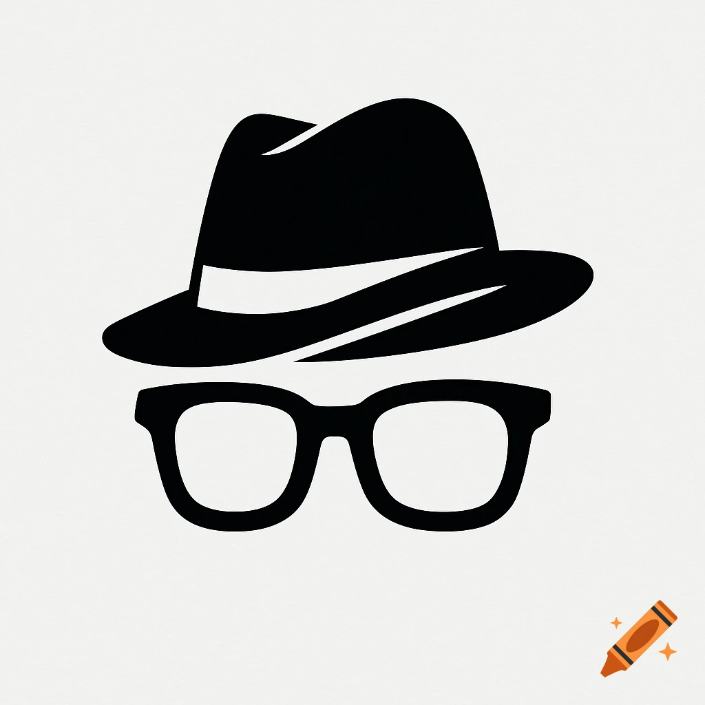 Black silhouette of a fedora hat above thick-rimmed glasses, minimalist icon on a white background.
