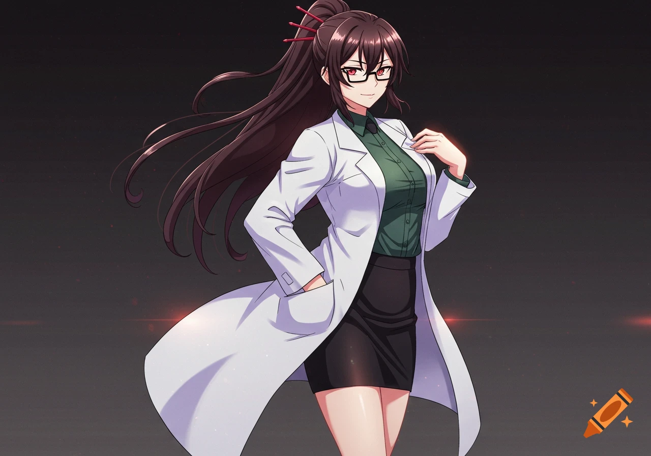 Anime woman with long dark brown hair and red eyes wearing glasses, a lab coat, green shirt, and black miniskirt.