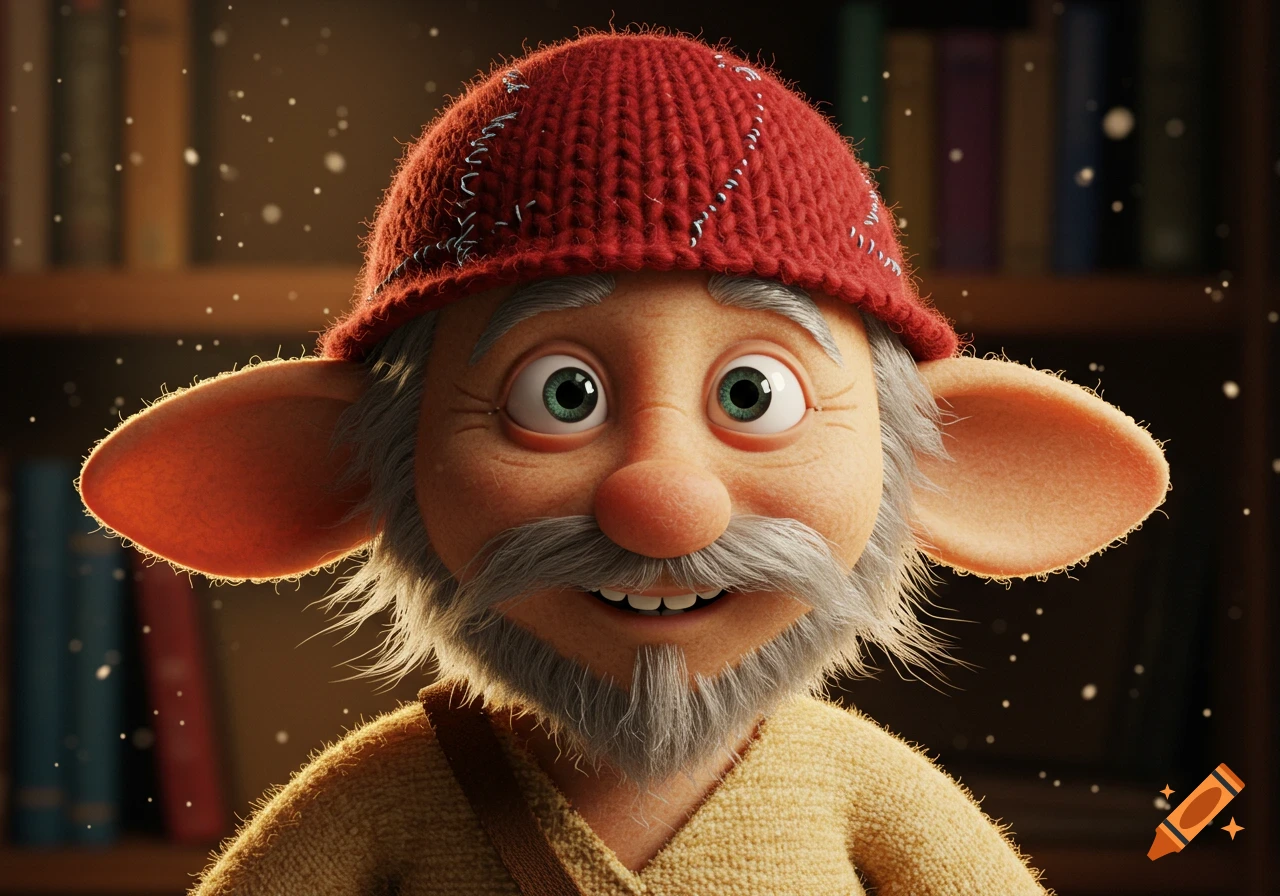 Close-up of a smiling cartoon gnome with large ears, white beard, red knitted hat, and yellow sweater in a library.