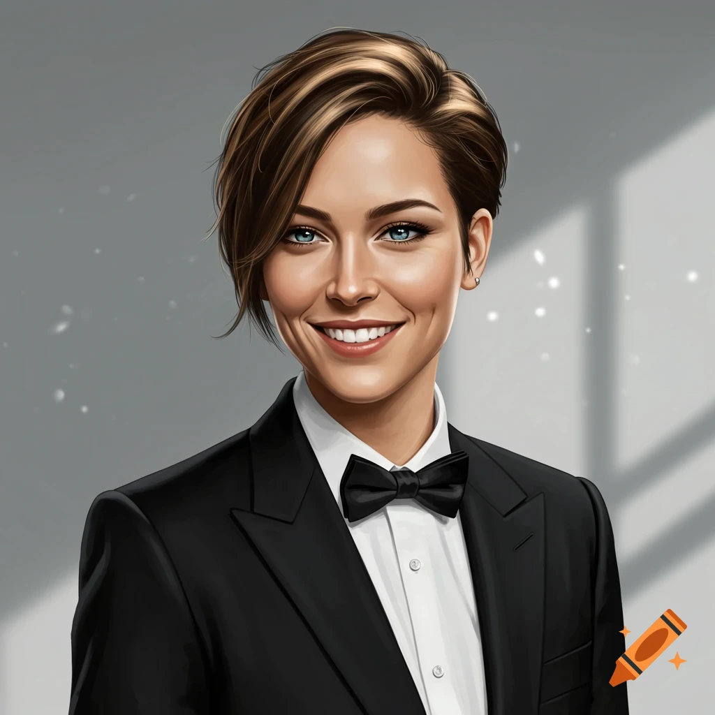 Stylized portrait of a woman with short brown hair, blue eyes, smiling in a black suit and bow tie.