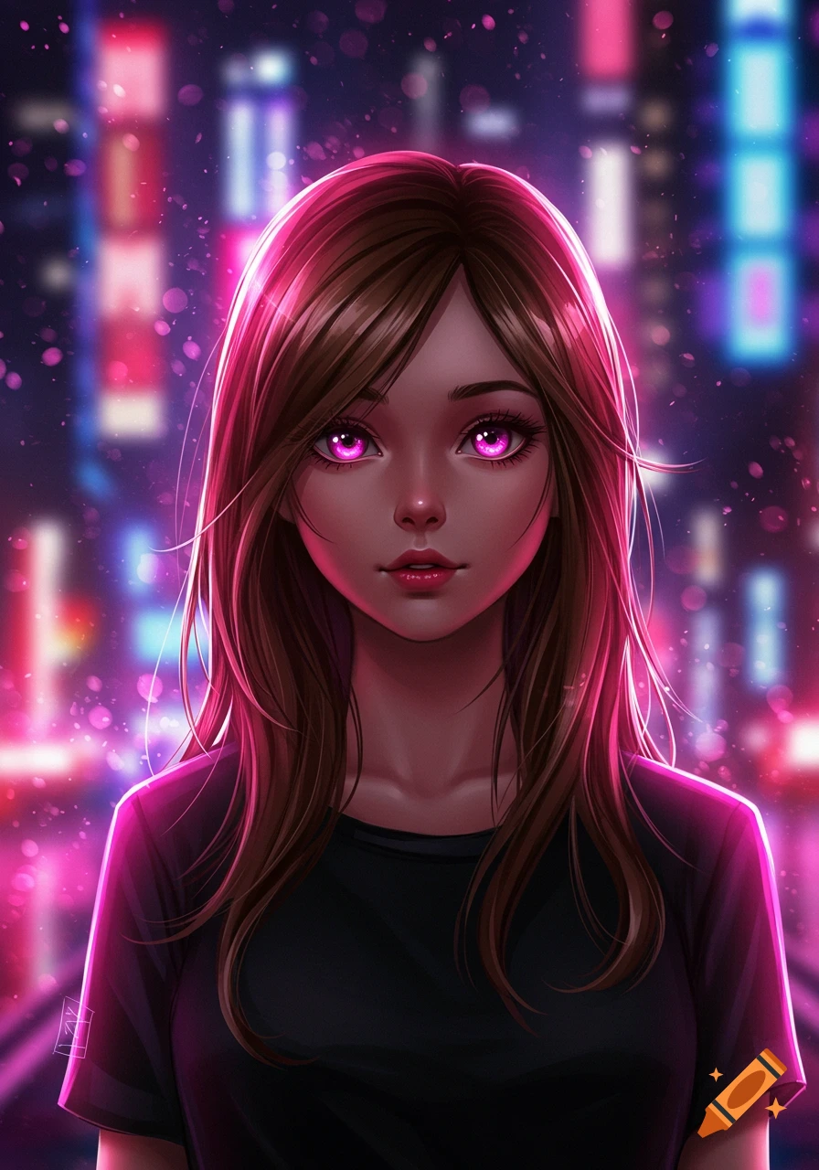 Anime girl with brown hair, glowing pink eyes, and a black shirt, against a vibrant neon city background.