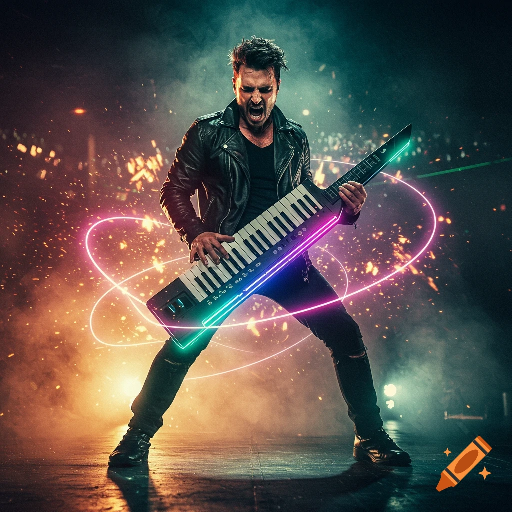 Man in leather jacket playing a neon-lit keytar on a smoky stage with glowing sparks, dramatic pose.
