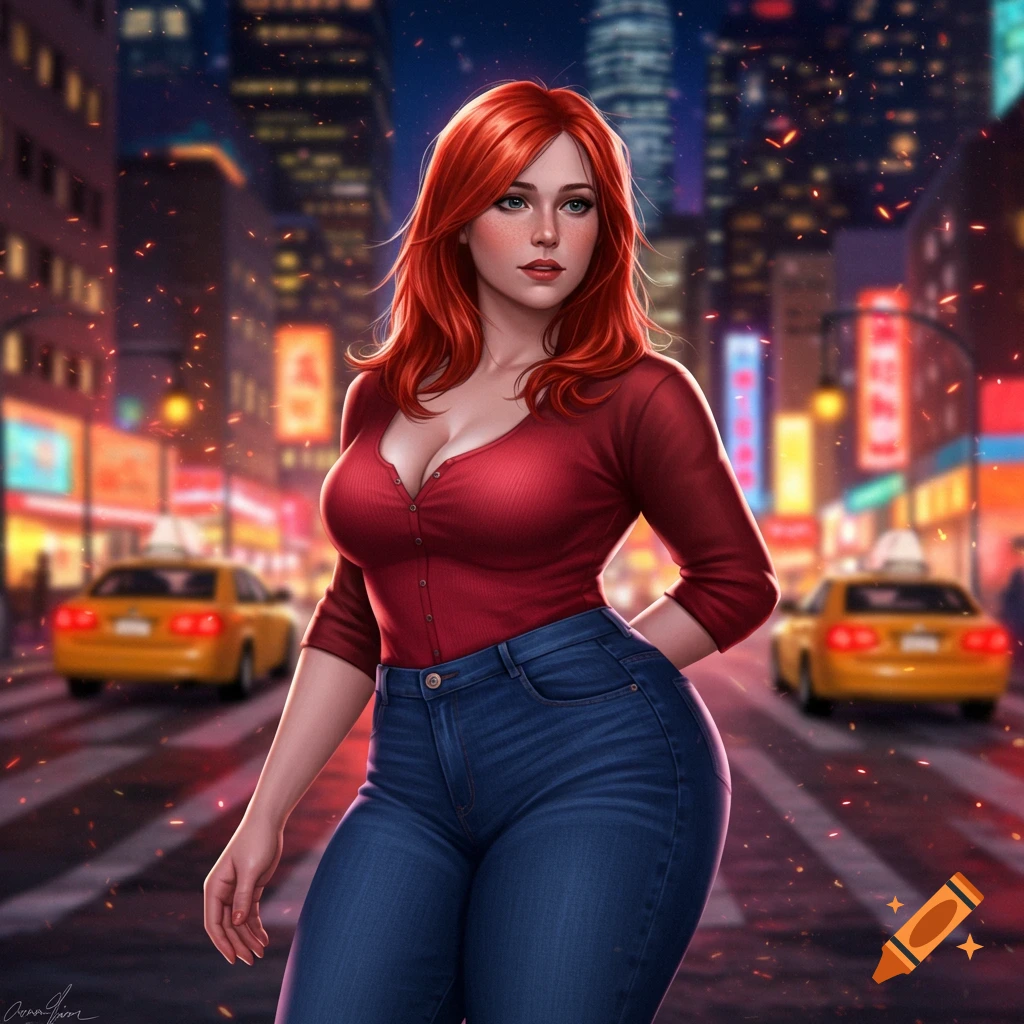 A vibrant illustration of a red-haired woman with freckles, wearing a red top and jeans, standing on a city street at night with yellow taxis and illuminated buildings in the background.