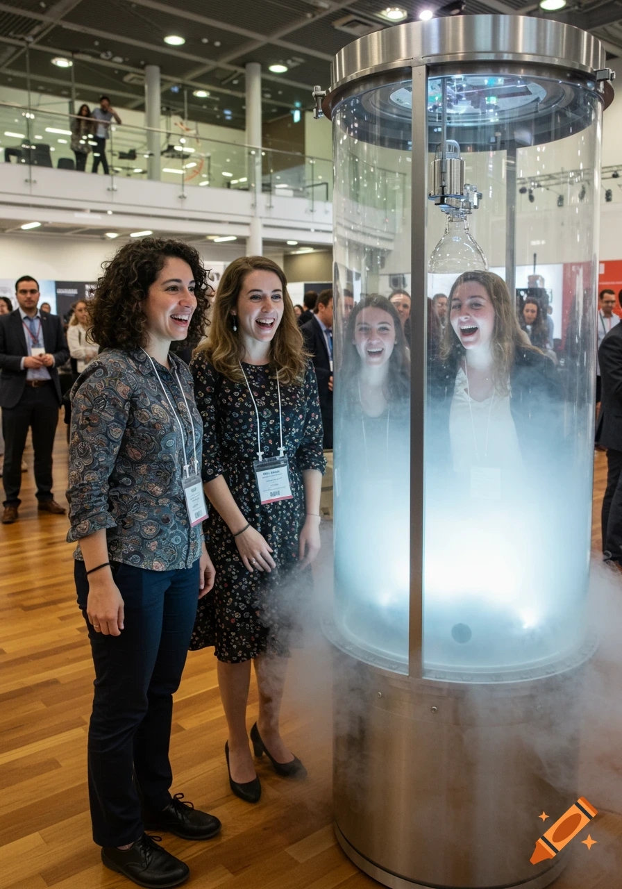Two women in conference attire laugh with delight looking at a misty glass chamber exhibit in a modern science hall, with their reflections visible inside the chamber.