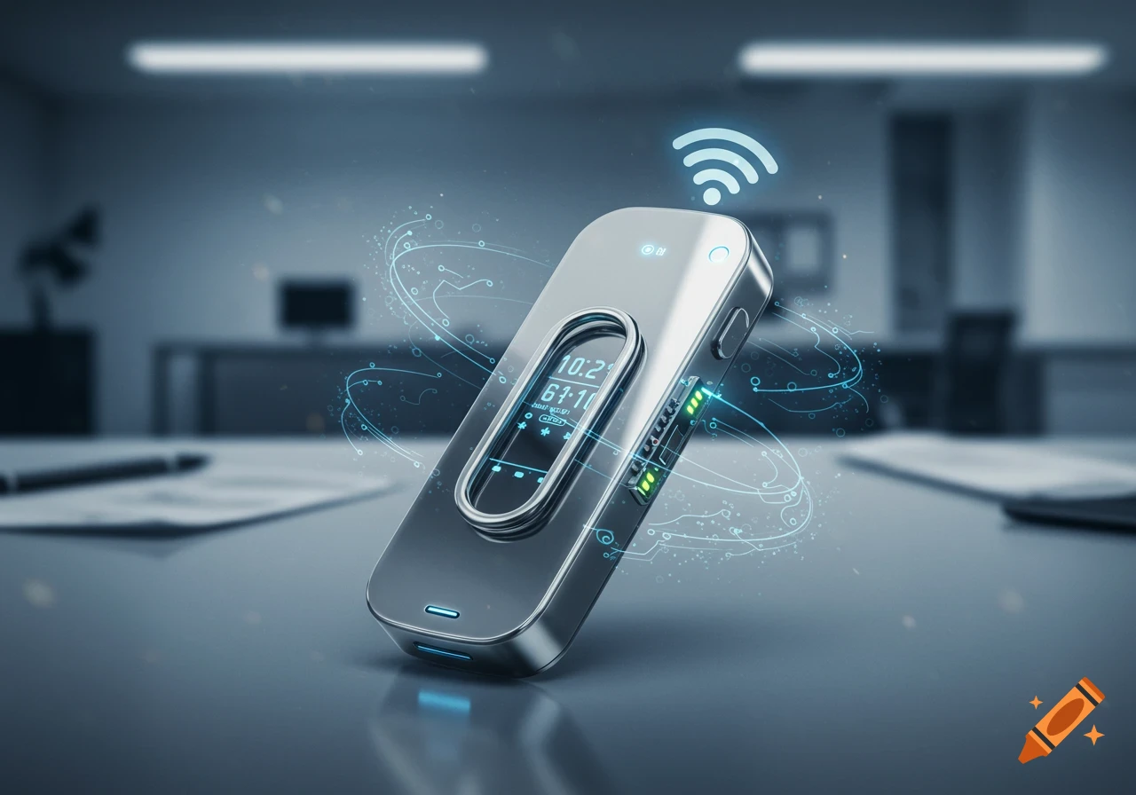 Sleek silver futuristic smart device with glowing screen showing numbers and a Wi-Fi symbol, on an office desk, photorealistic.