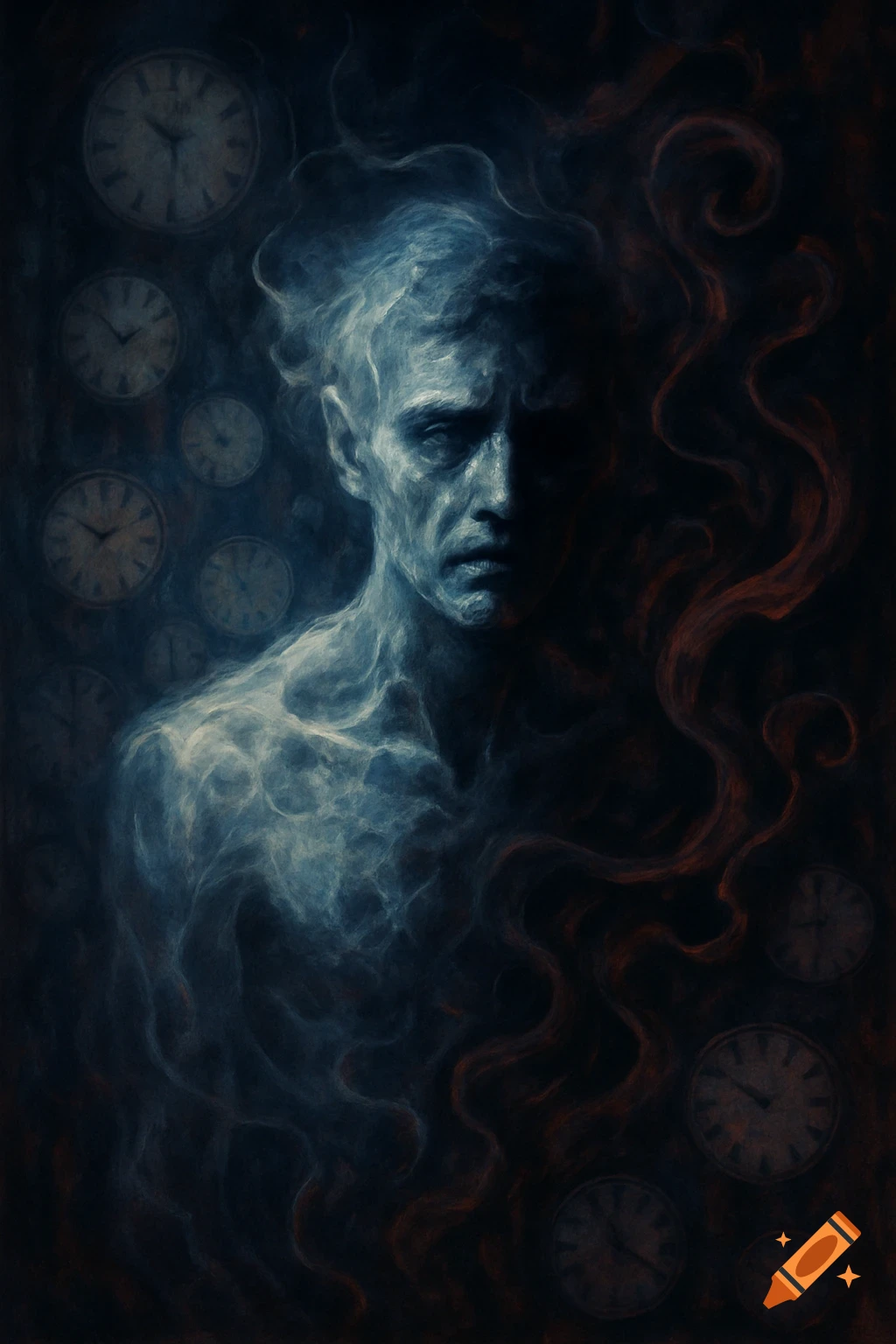 A dark, moody portrait of a man's face and upper body emerging from swirling blue smoke, with blurred clock faces in the background and red smoke on the right. Stylized painting.