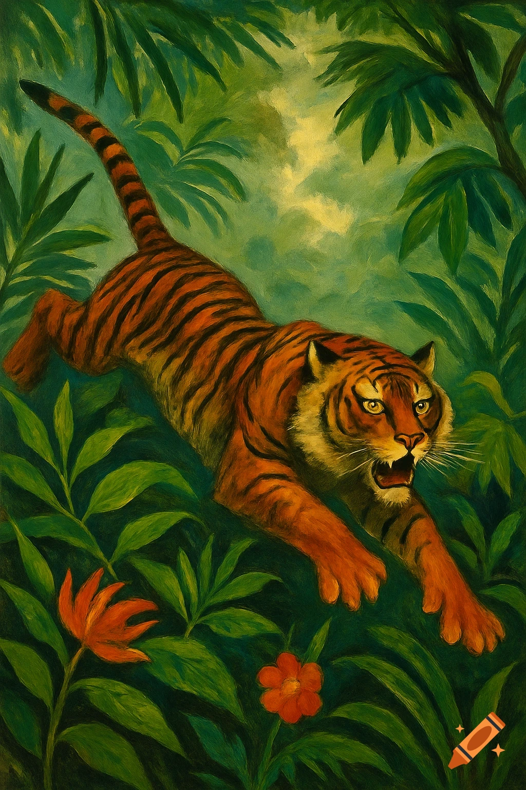 A crouching tiger with its mouth open, amidst dense green jungle foliage and red flowers, in a painterly Henri Rousseau style.