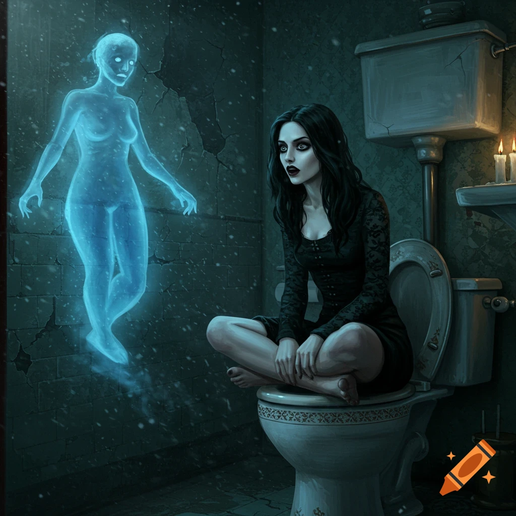 A gothic woman with long dark hair sits cross-legged on a toilet, staring at a glowing blue ghost in a dark, eerie bathroom.