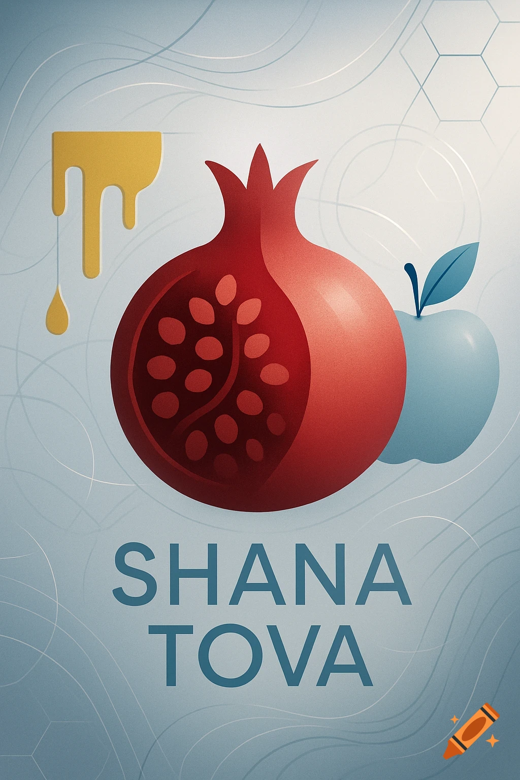 Stylized Rosh Hashanah illustration with a red pomegranate, blue apple, dripping honey, and 'SHANA TOVA' text.