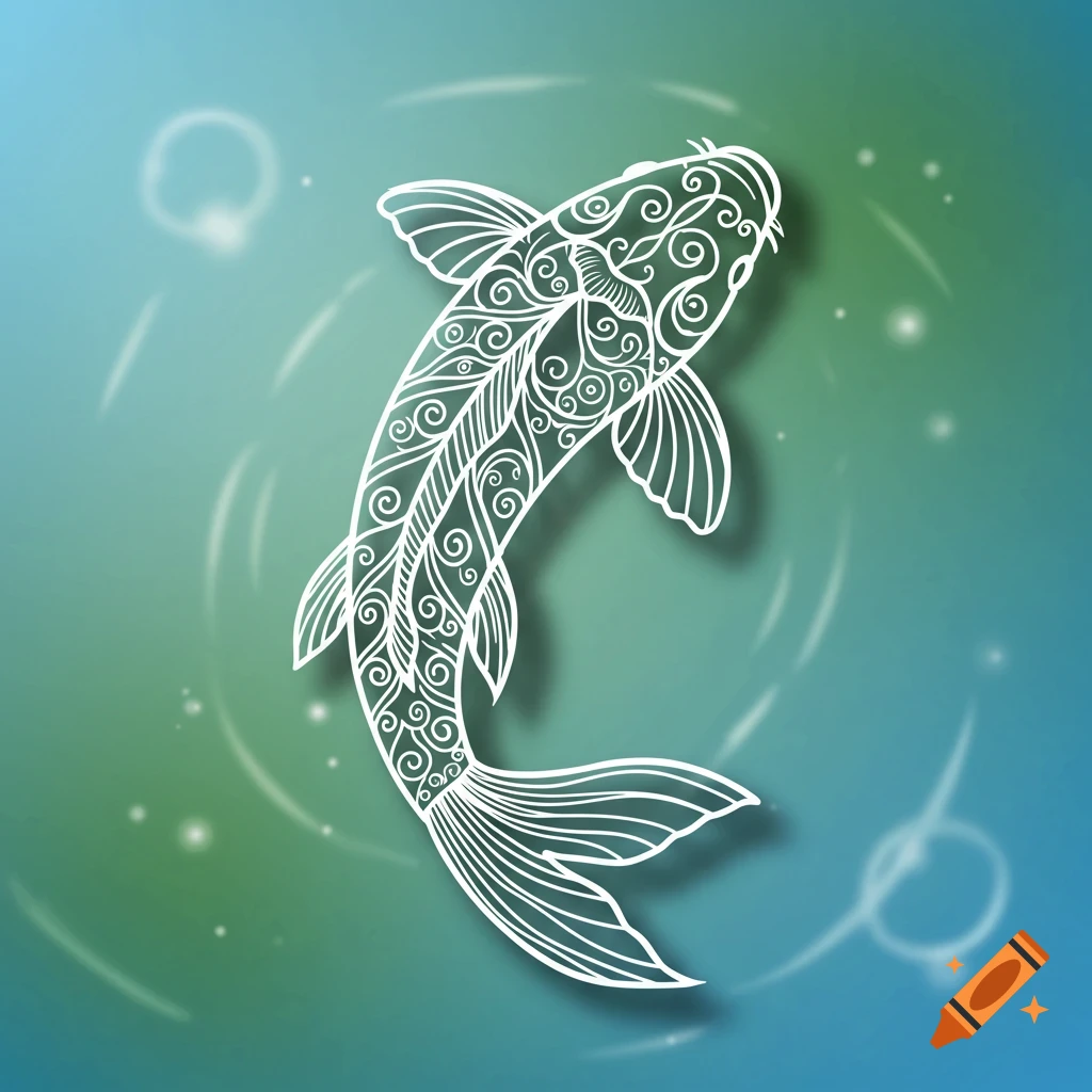 White outline of a koi fish with intricate patterns against a blue-green gradient background with subtle water ripples.