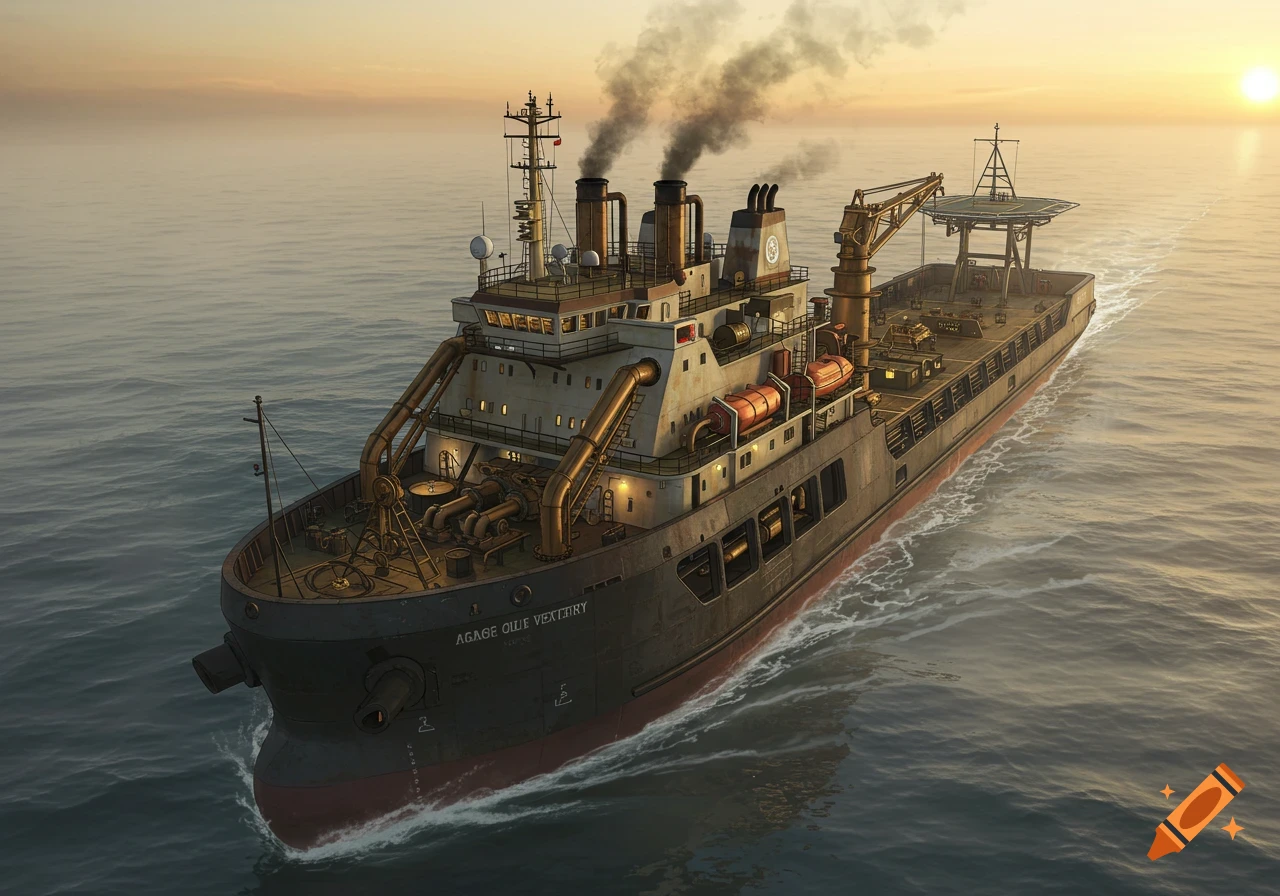 A detailed steampunk offshore supply vessel with smoke stacks and intricate machinery sails on a calm ocean at sunset.