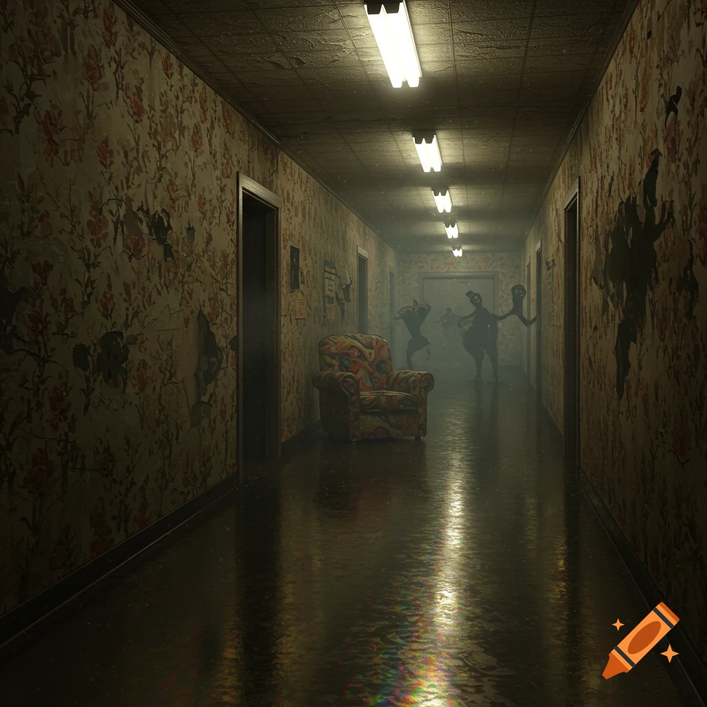 A dark, creepy hallway with peeling floral wallpaper, an armchair, and shadowy figures in the distance. The wet floor reflects fluorescent lights.