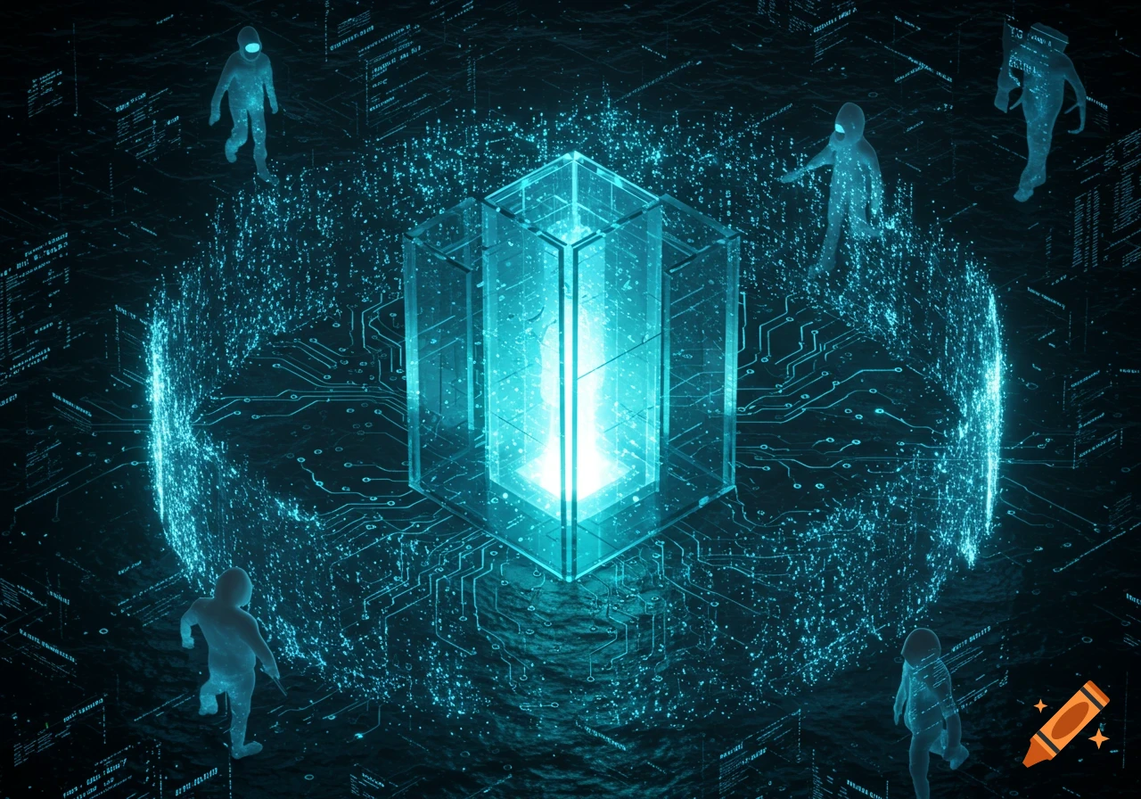 Glowing blue figures in a dark, futuristic digital landscape with a central glowing cube and circuit board patterns.