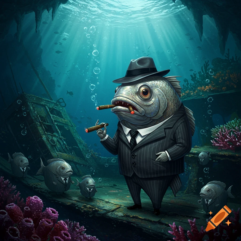 A large fish in a pinstripe suit and fedora smokes a cigar on a sunken ship underwater, surrounded by smaller suited fish.