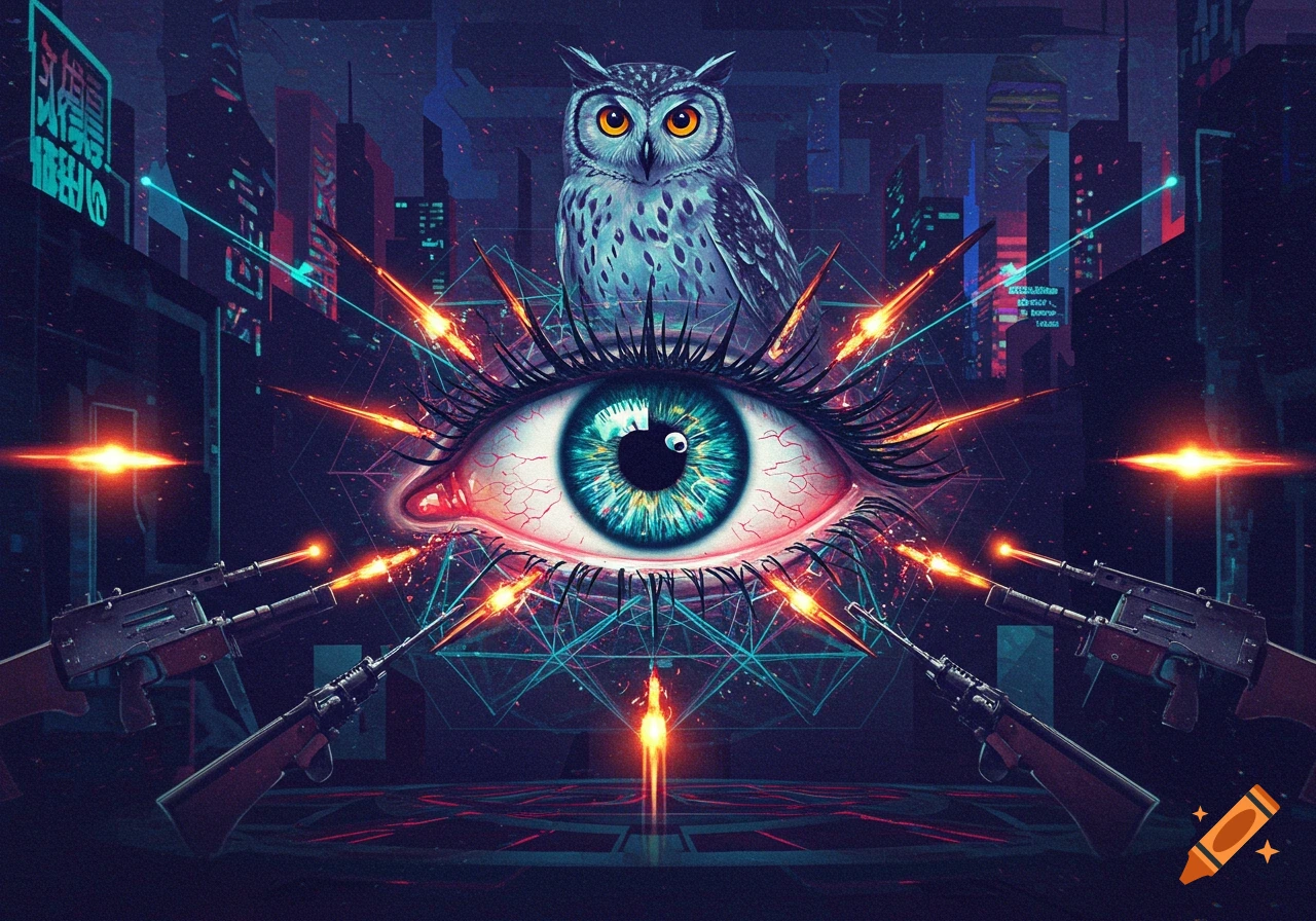 A large, glowing blue eye with an owl on top, surrounded by geometric patterns and machine guns firing in a neon cyberpunk city.