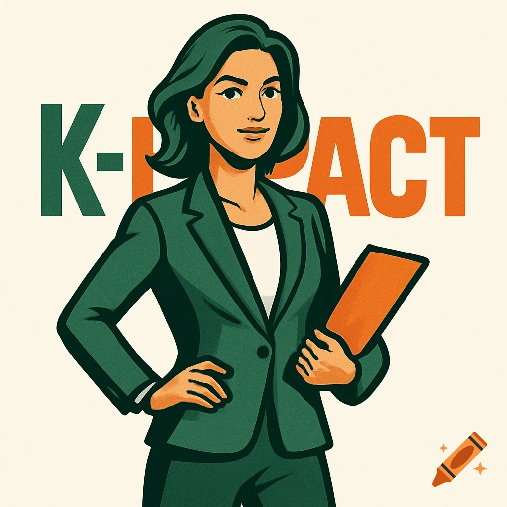 A confident cartoon businesswoman in a dark green suit, holding a document, with 'K-IMPACT' text in the background.