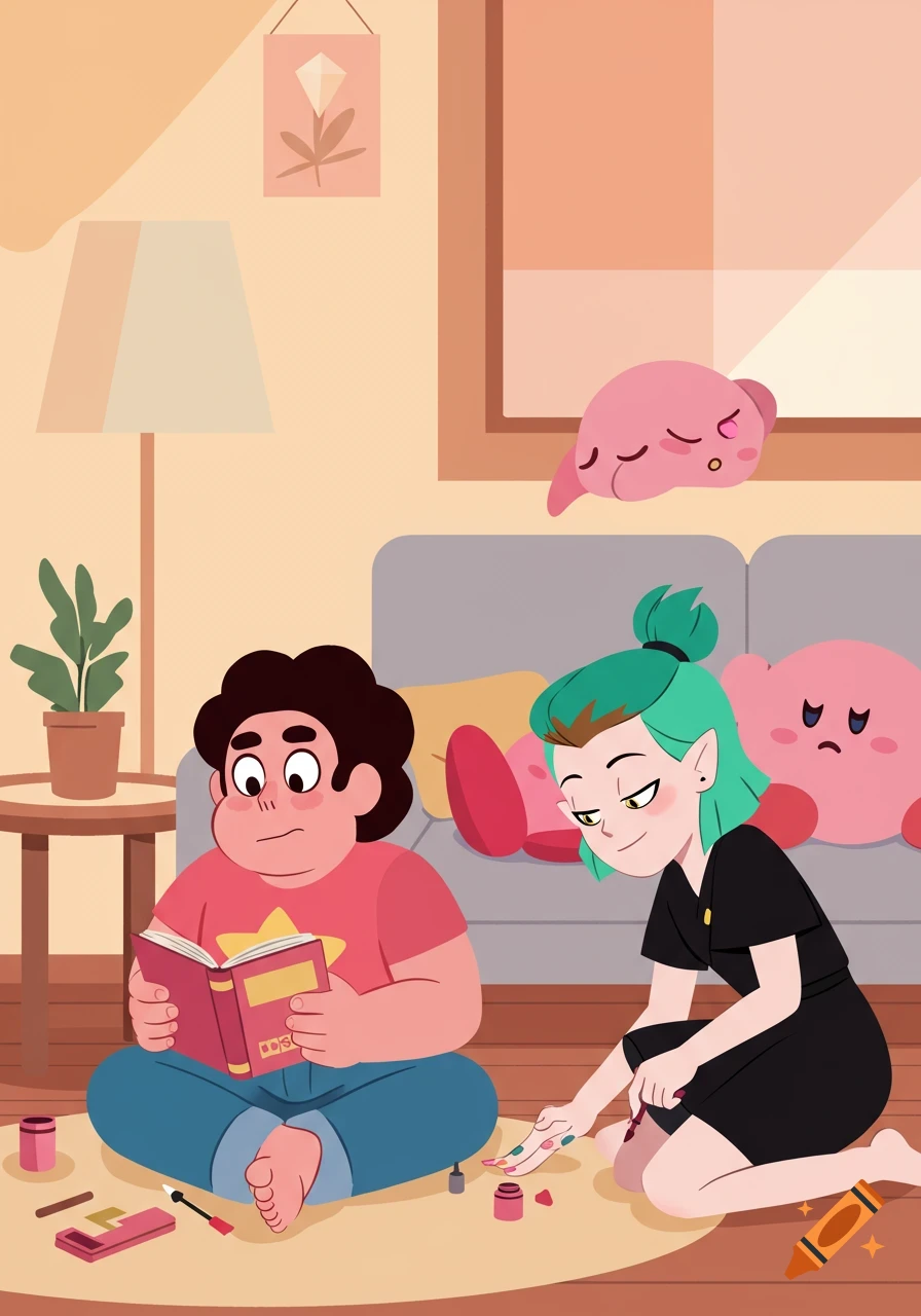 Steven Universe sits on the floor reading a book while Amity Blight paints her toenails. Two Kirby plushies are on a couch in the background. The art style is flat and cartoonish.
