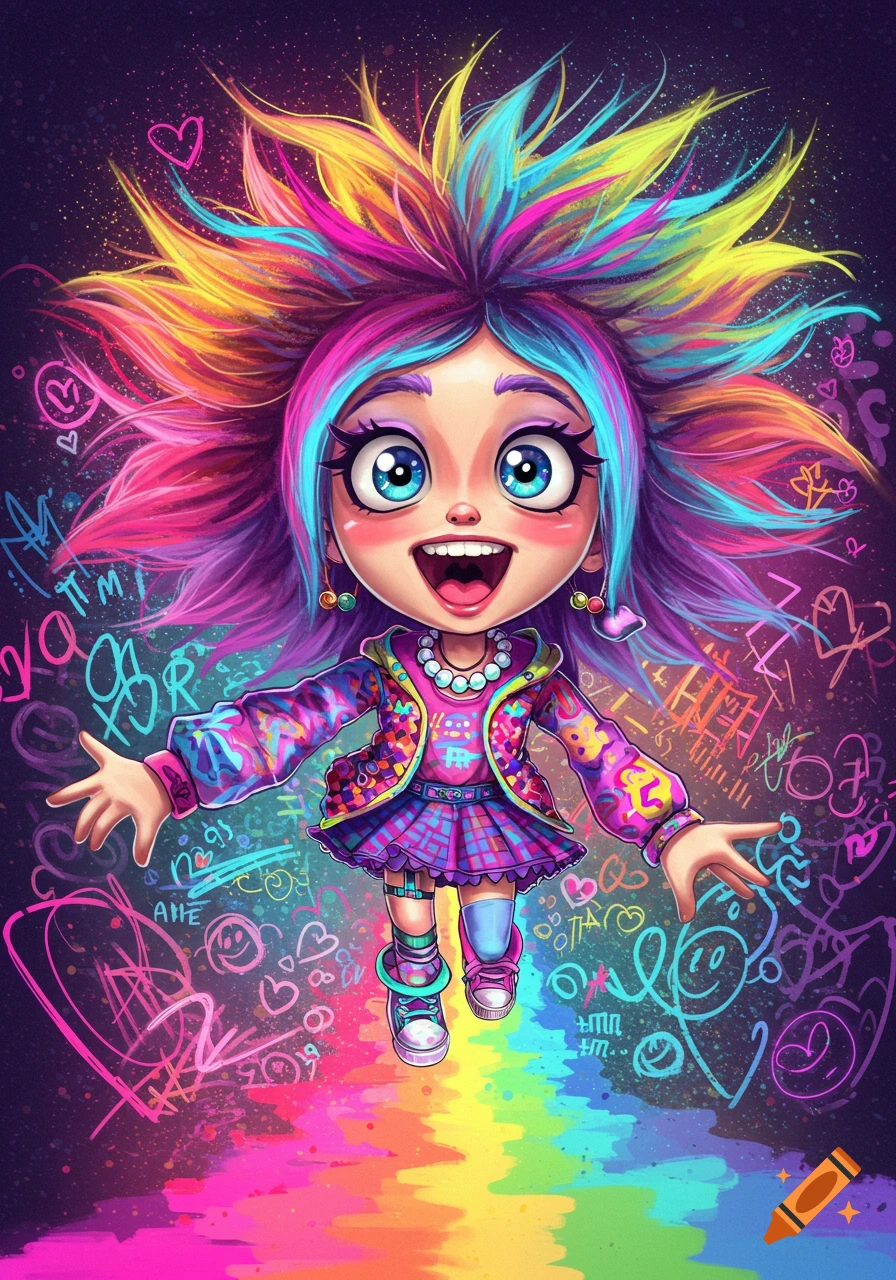 A cartoon girl with huge blue eyes, a wide smile, and spiky rainbow-colored hair, wearing a patterned jacket and skirt, standing on a rainbow path surrounded by colorful graffiti.